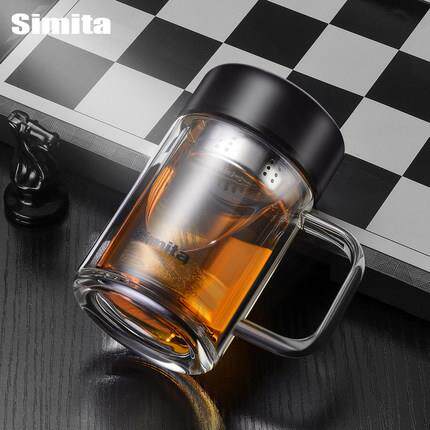 施密特茶水分离泡茶杯商务双层隔热玻璃杯带手柄高档时尚办公杯