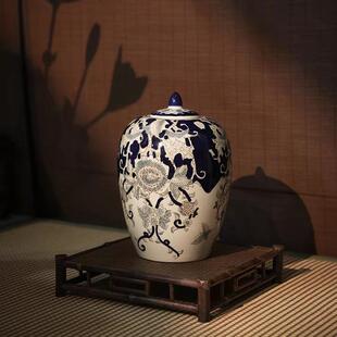 手绘复古青花瓷储物罐新中式客厅玄关柜样板房花瓶摆件