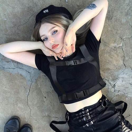 23 school bag buckled navel short-sleeved shirt women上衣女