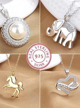 925 Sterling Silver Necklace Elephant Pendant AAA Zircon For