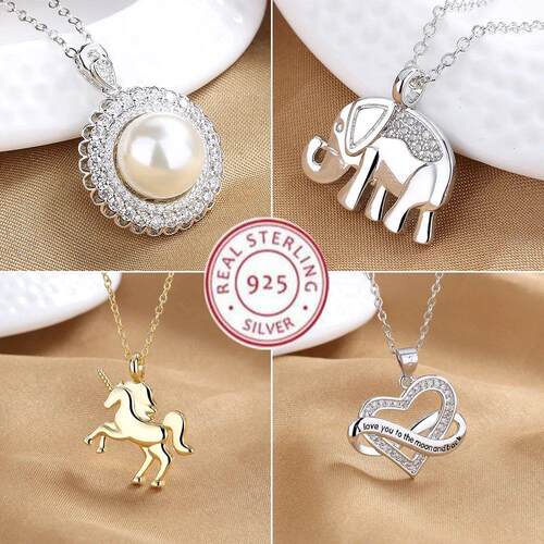 925 Sterling Silver Necklace Elephant Pendant AAA Zircon For