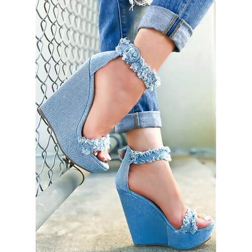 ladies high heel wedge platform sandals denim women shoes