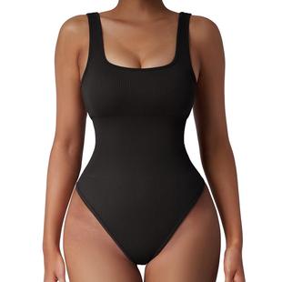 Bodysuit Sexy Sleeveless Square 螺纹连体衣 Women Neck Ribbed