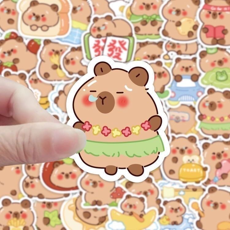 卡通儿童卡皮巴拉水豚头盔日记电脑100张贴纸可爱手账手机DIY装