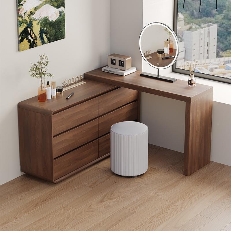 尾妆台斗柜一体卧室简妆约新中式化梳桌床伸XTO缩收纳转角书桌化
