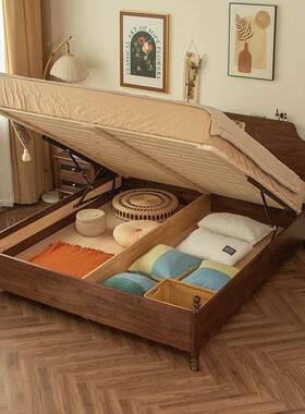 木美式简ali11464约全储实木复物床黑胡桃木双人箱体床古原主卧室