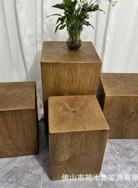 店木ali-8239复古茶几边几木墩凳民宿方形木桩摆件做旧色花酒架阳