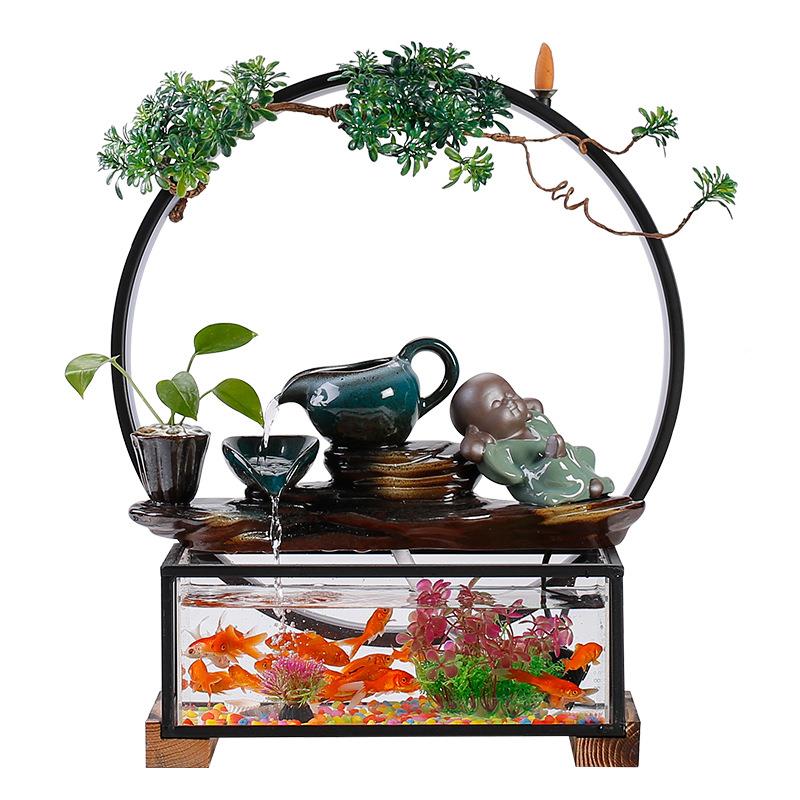 新中式方形连鱼缸水世界造景陶开运装YRU饰盆景福运连流水财瓷摆