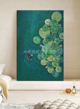 顺丰】客厅好运莲莲壁手绘TNE油画玄关绿色荷花叶理装饰画立肌石