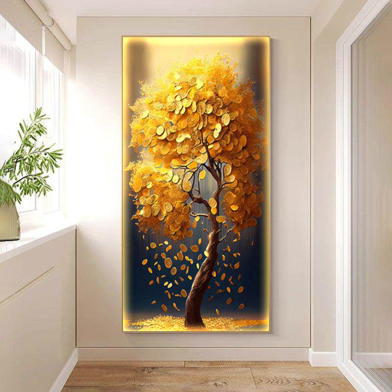 摇关钱奢树led带轻入户玄装饰画走廊UZV过道竖版挂画简约现代壁灯