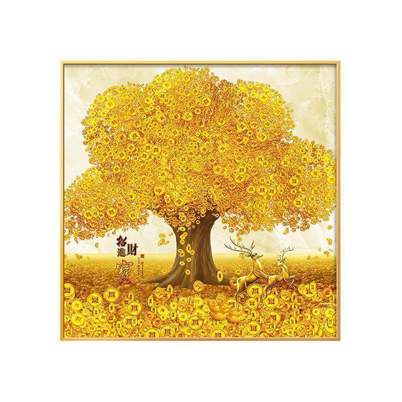 新中式聚宝盆正方形装墙饰画发树玄关客厅走财廊装饰画挂挂上9733
