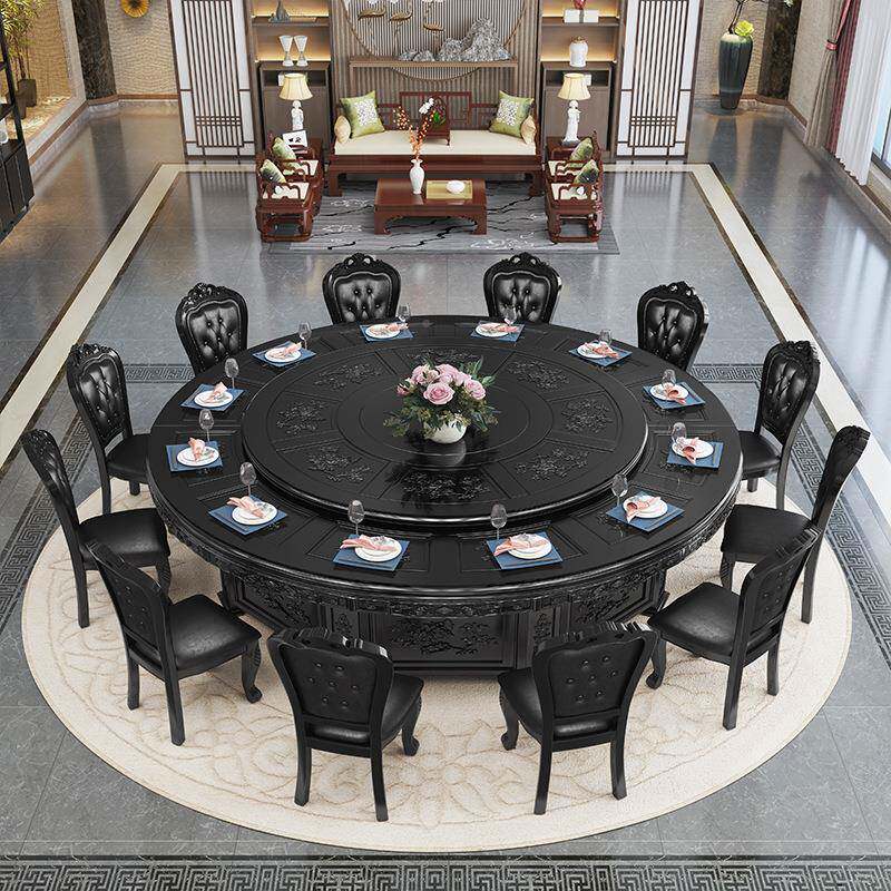 酒店电动圆桌中式电动1大8人实木餐桌椅组合古中式雕全仿花自动旋