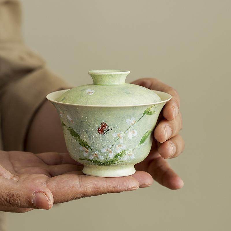 手绘粉引蝴蝶心兰花盖碗釉下彩小号二才盖碗女士陶瓷泡茶碗茶杯