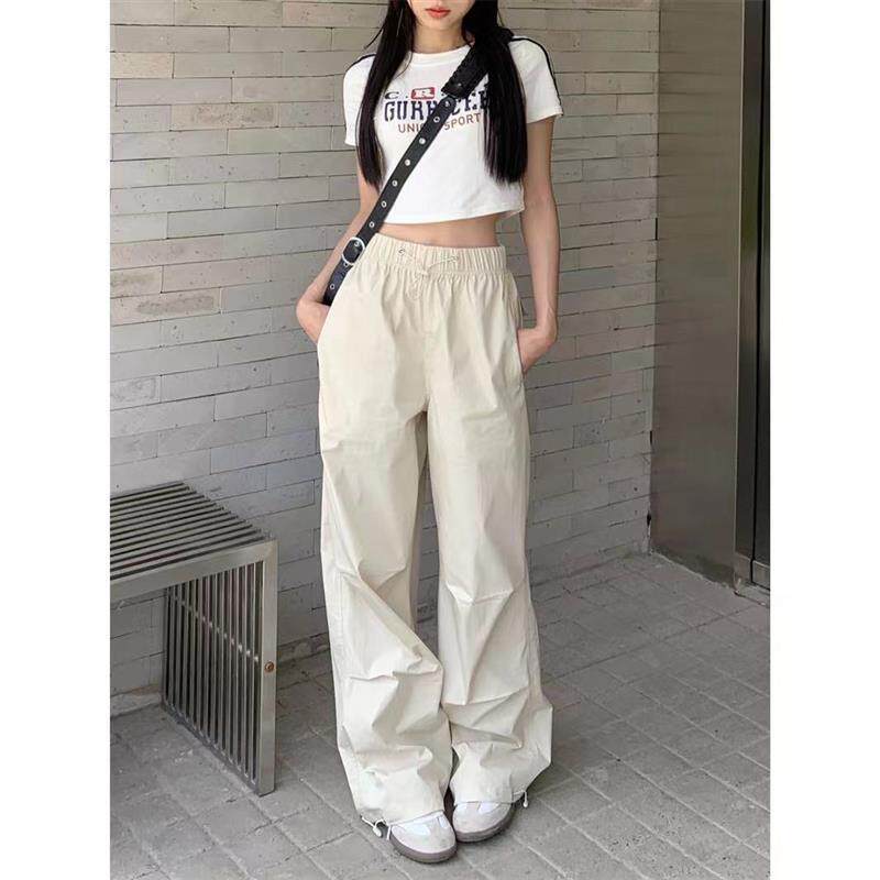 高腰束脚降落伞工装休闲裤女夏季宽松阔腿薄款美式hiphop白色裤子