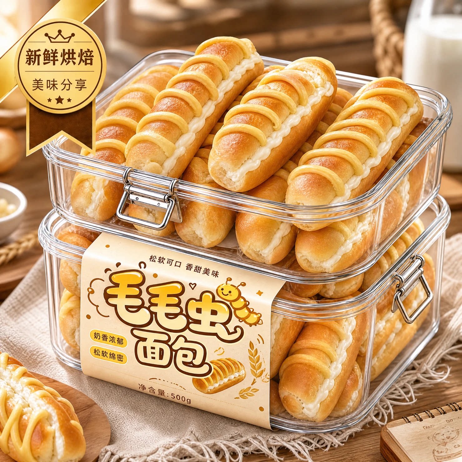 毛毛虫面包奶油夹心独立包装袋装图片