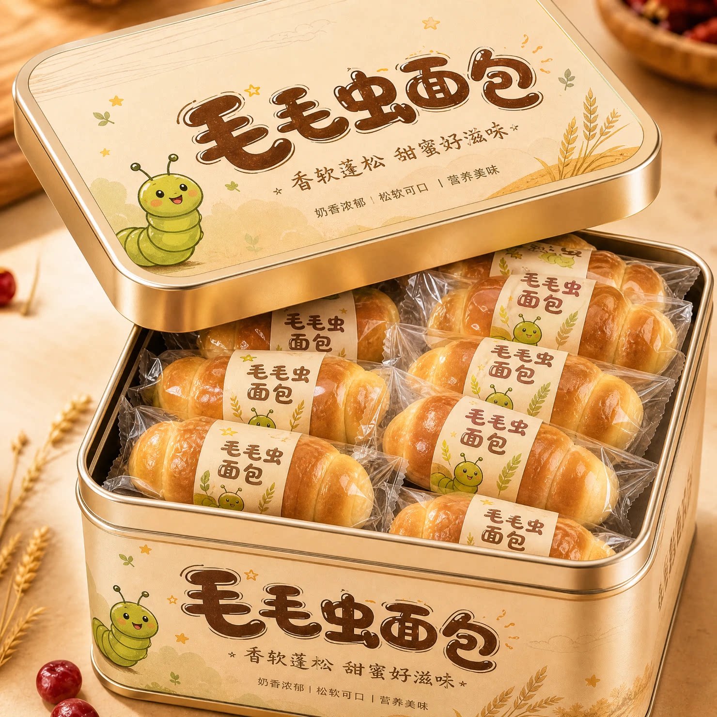 毛毛虫面包奶油夹心独立包装袋装图片