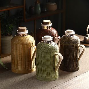 手工木传统热水壶玻璃内胆茶室保温瓶塞热水瓶家用办公室竹编老式