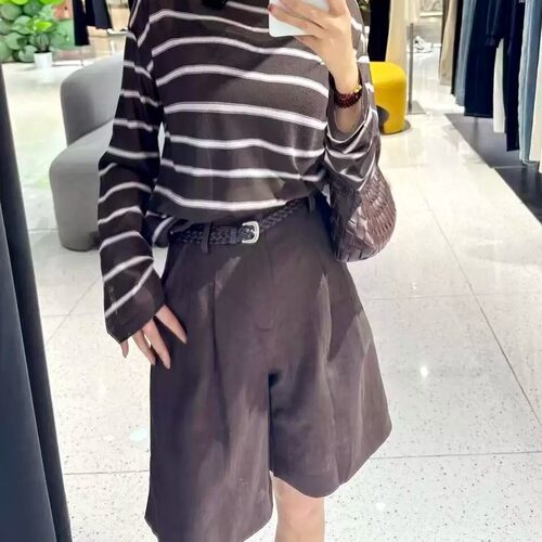 复古高腰阔腿显瘦五分短裤女