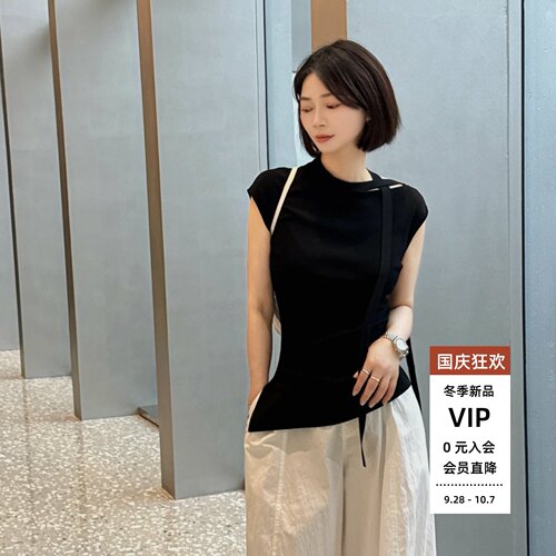 夏季黑色绑带显瘦不对称背心