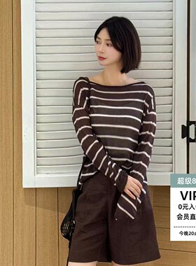 条纹针织衫女长袖圆领套头衫