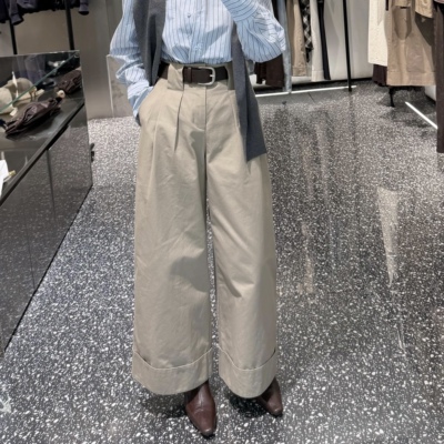 百搭配腰带卷边女休闲裤阔腿裤