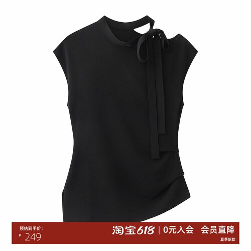 夏季黑色绑带显瘦不对称背心
