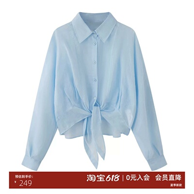 休闲风苎麻翻领系带长袖衬衫女