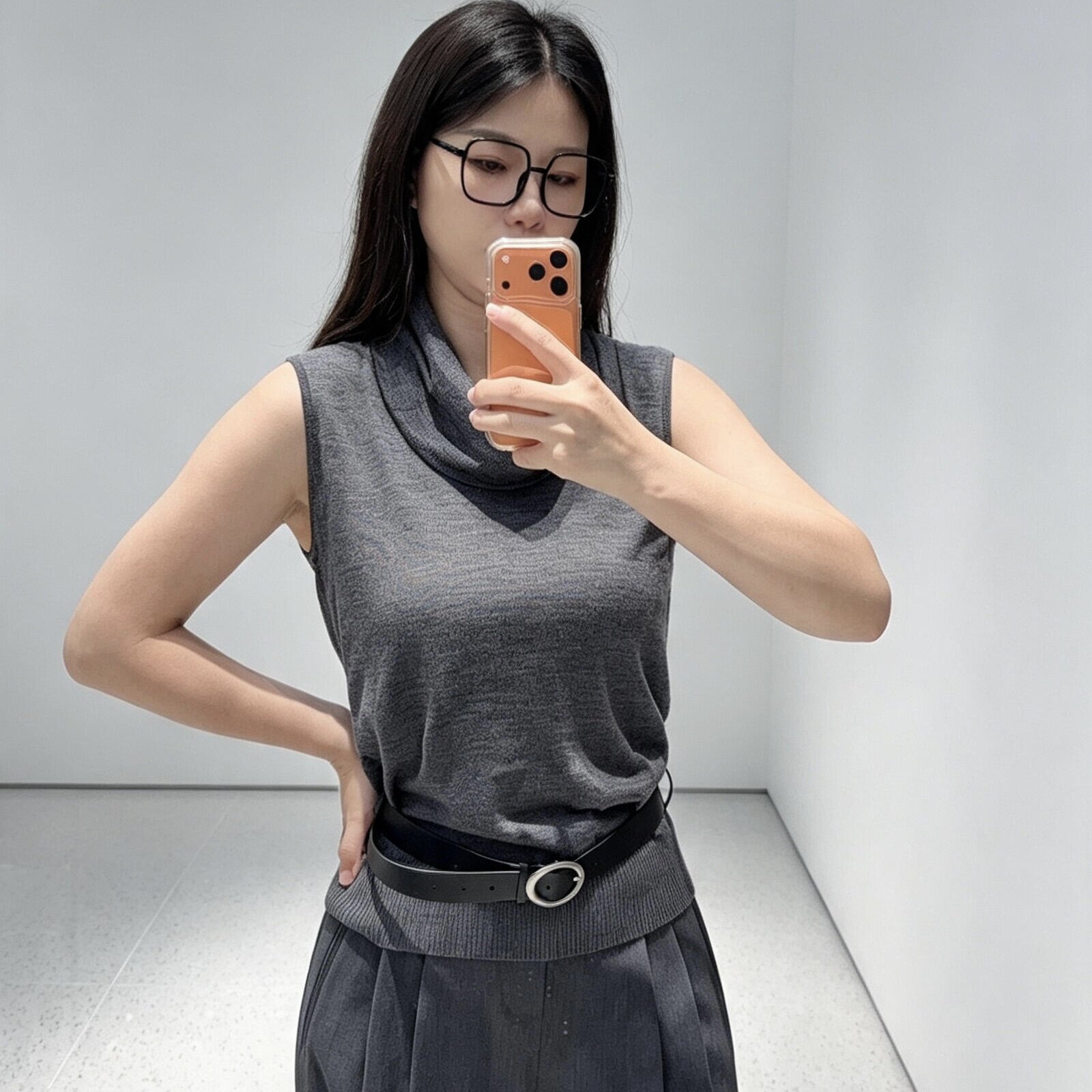 高领腰带收腰无袖针织衫上衣女