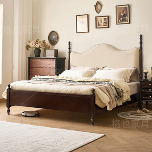 美式复古实木床主卧室1米8樱桃木软靠大床法式复古双人床软包婚床