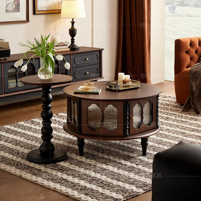 法式复古全实木圆形茶几组合中古风客厅家用小户型长虹玻璃小茶台