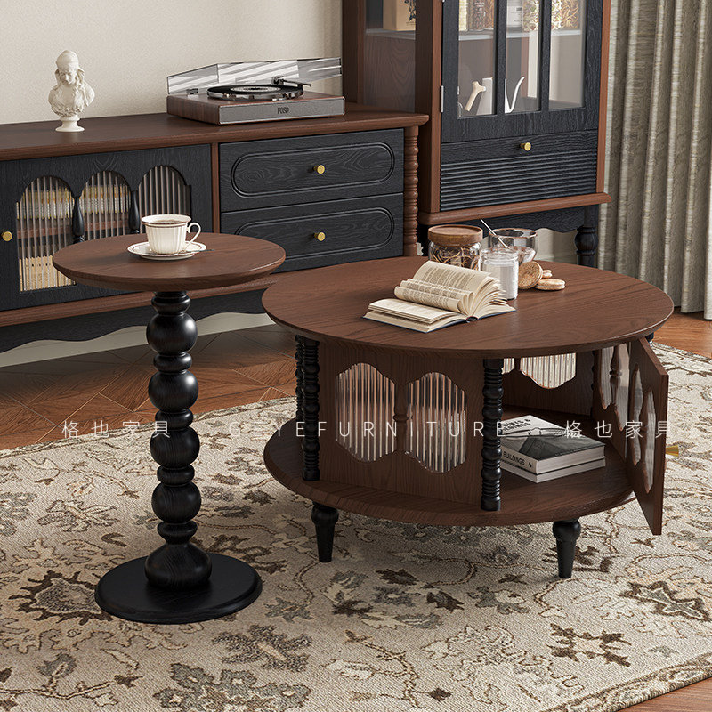 法式中古风实木客厅茶几家用圆形桌子边几小户型美式复古新款茶台