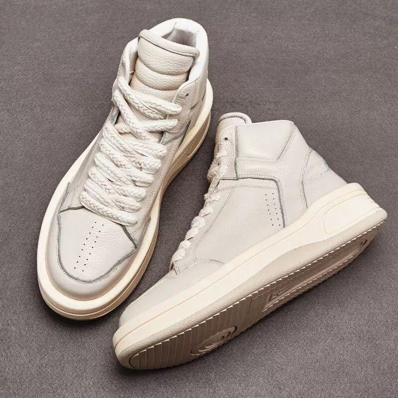 国潮高帮真皮时尚厚底休闲潮鞋百搭系带板鞋黑白色运动面包鞋