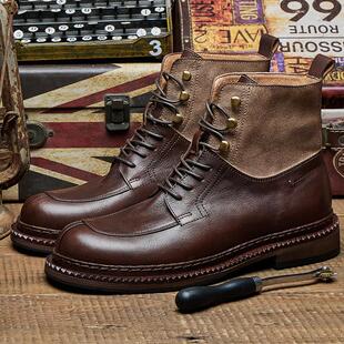 阿美咔叽复古坦克靴头层牛皮手工擦色高帮马丁靴分裂头休闲工装靴