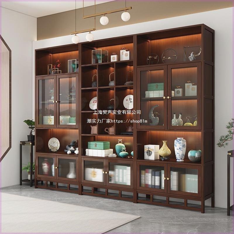 新中式实木博古架茶室背景置物架多宝阁架商用隔断带灯展示柜