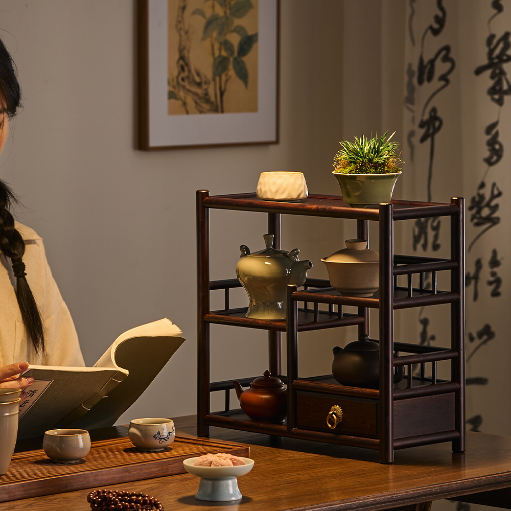 桌面茶壶架小博古架中式竹制茶具收纳架茶台主人杯茶叶置物架茶柜