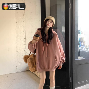 德国加厚连帽卫衣2024新款中长款宽松慵懒上衣秋冬季加绒外套女
