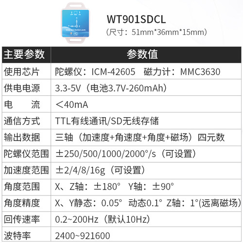 串口六九轴姿态角度传感器陀螺仪模块加速度计SD卡存储WT901SDCL