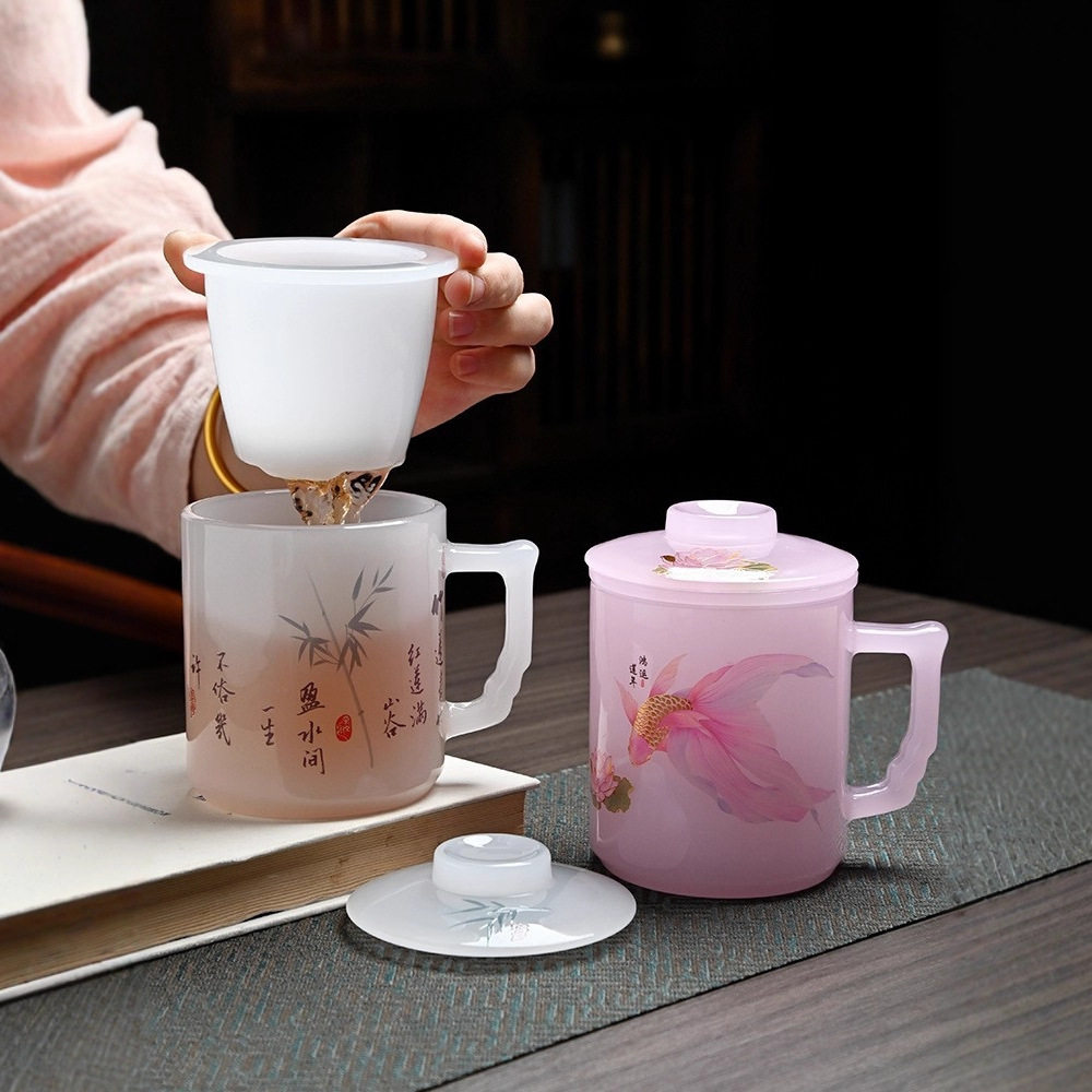 轻奢冰种玉瓷琉璃创意带盖茶水分离茶杯家用手工主人杯高端办公杯图片