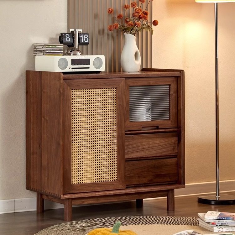 胡桃实木餐边柜北欧复古客餐厅收纳储物柜原木茶水柜轻奢多功能