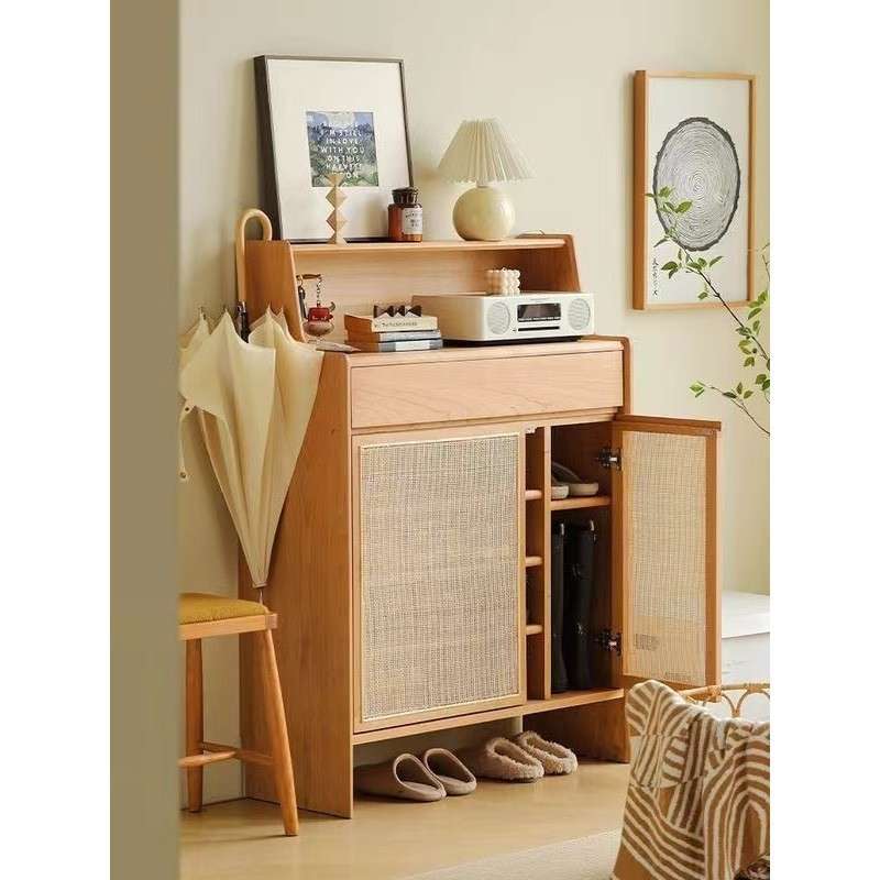 日式藤编鞋柜家用门口实木入户玄关收纳小户型大容量储物柜鞋架