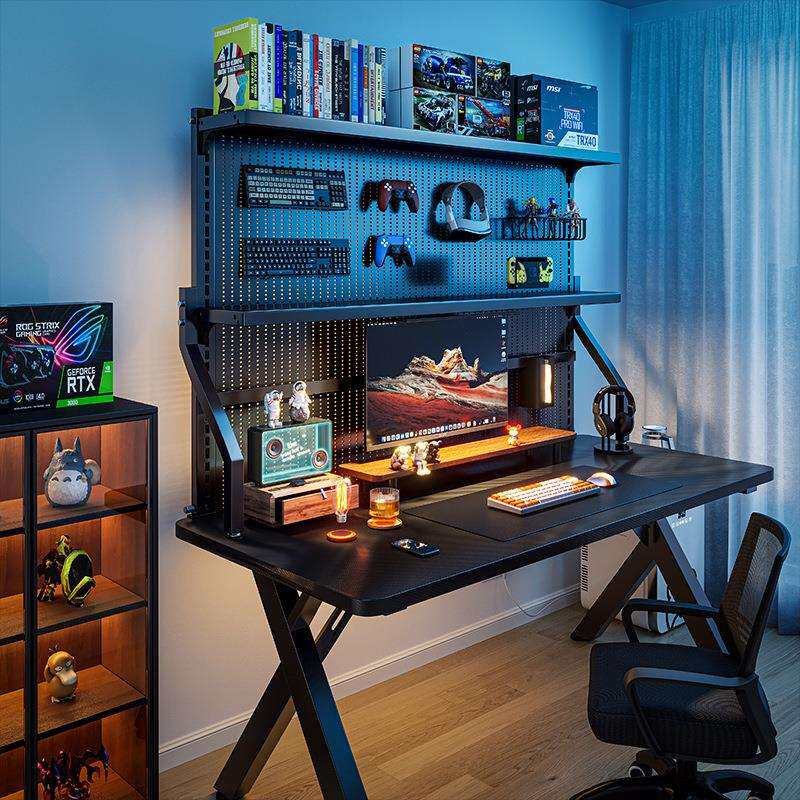 新款实木电脑桌卧室家用碳纤维电竞桌洞洞板置物架直播桌子工作台