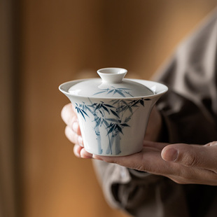 明泉茶斋草木灰手绘蓝竹手抓二才盖碗家用复古陶瓷不烫手泡茶碗
