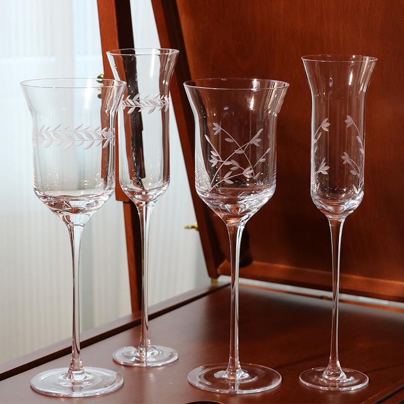 高级手工蚀刻水晶玻璃香槟杯高脚杯家用红酒杯树叶雕刻图案酒杯子