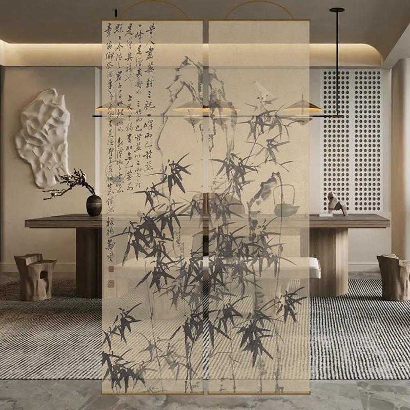 水墨竹透景屏风纱中式卷帘隔断帘挂帘水墨窗帘纱帘透光小号隔电动