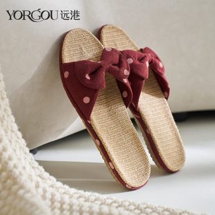 抗菌地板女春夏用 室内防滑季 居家港波点亚麻拖鞋 远布艺凉拖鞋 四季