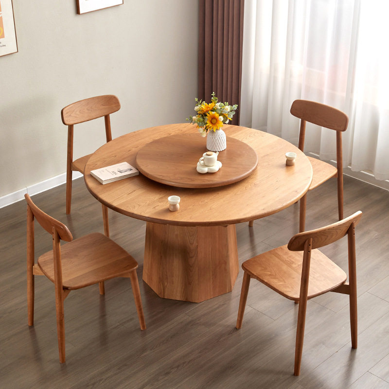 实木圆桌樱桃木原木餐桌黑胡桃木现代简约带转盘家用桌子圆形饭桌