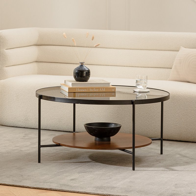 北欧圆形玻璃茶几简约现代实不锈钢家用小茶台意式轻奢双层茶桌