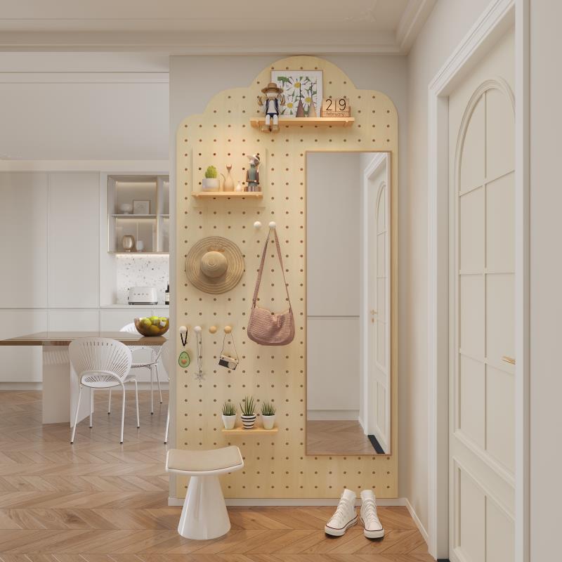 洞洞板全身镜入户玄关实木置物架定制免打孔配件墙面展示架挂衣架