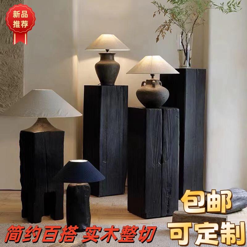 侘寂风碳化黑色原木方形木墩子民宿酒店边几实木花架玄关摆件角几