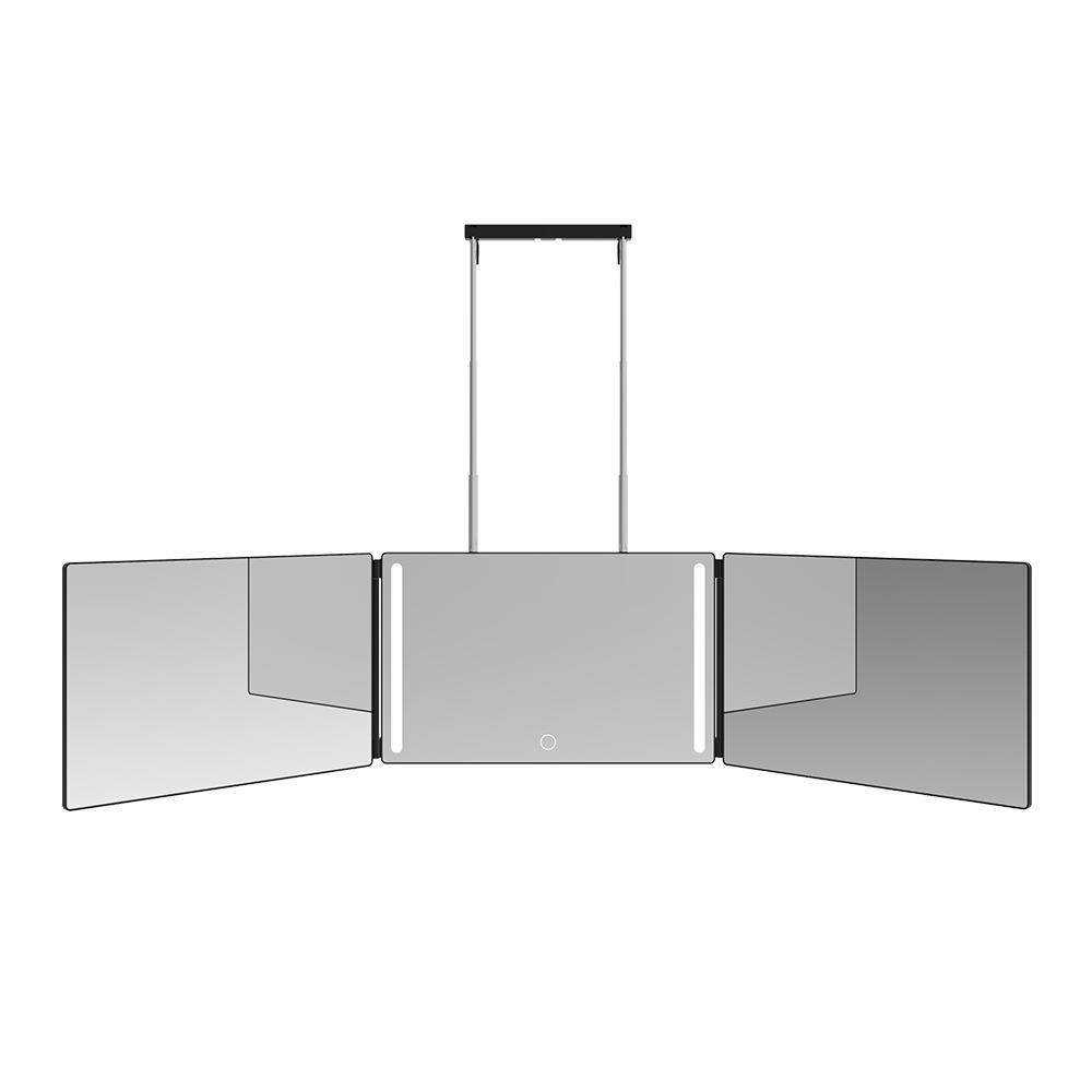 悬挂式三面镜折叠带LED灯化妆镜充电款自助剪发三折镜子